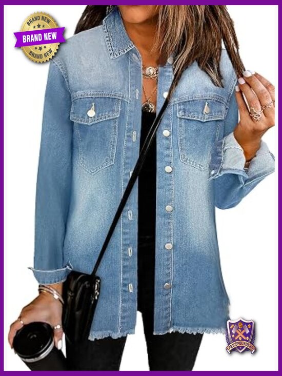 Jackets & Blazers - Oversized Denim Jacket with Distressed Frayed Hem Long Sleeve Button Front Jean